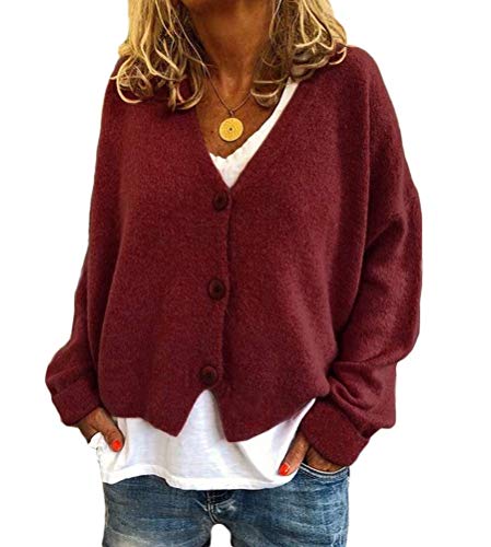 Onsoyours Strickjacke Damen Winter Mode V-Ausschnitt Langarm Gänseblümchen Strickmantel Frauen Lose Einfarbig Knopf Offene Gestrickte Cardigan Strickpullover Lässige Mantel Street Style B Weinrot M von Onsoyours