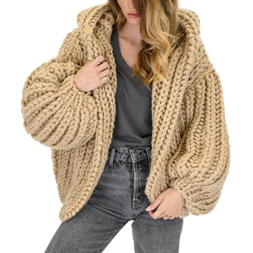 Onsoyours Strickjacke Damen mit Kapuze Langarm Grobstrick-Cardigan Open Front Sweater Herbst Winter Casual Strickcardigan Pullover Offener Strickjacken Wintermäntel A Aprikose Einheitsgröße von Onsoyours