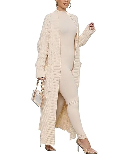 Onsoyours Strickjacke Lang Damen Langarm Grobstrick-Cardigan Open Front Sweater Herbst Winter Casual Strickcardigan Strickmantel Pullover mit Taschen A Beige XS von Onsoyours