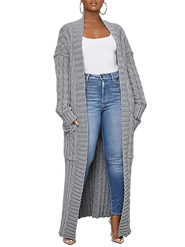 Onsoyours Strickjacke Lang Damen Langarm Grobstrick-Cardigan Open Front Sweater Herbst Winter Casual Strickcardigan Strickmantel Pullover mit Taschen A Grau XL von Onsoyours