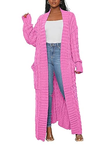 Onsoyours Strickjacke Lang Damen Langarm Grobstrick-Cardigan Open Front Sweater Herbst Winter Casual Strickcardigan Strickmantel Pullover mit Taschen A Rosa XXL von Onsoyours