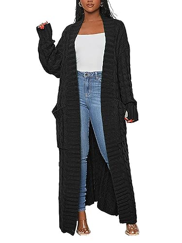 Onsoyours Strickjacke Lang Damen Langarm Grobstrick-Cardigan Open Front Sweater Herbst Winter Casual Strickcardigan Strickmantel Pullover mit Taschen A Schwarz XXL von Onsoyours