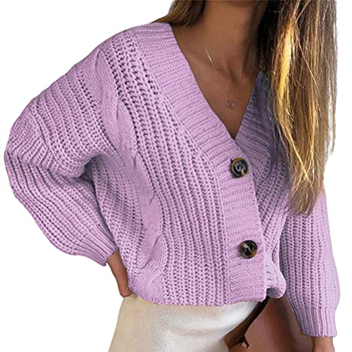 Onsoyours Strickjacke für Damen Winter Kurz Langarm Grobstrick Cardigans Einfarbig V-Ausschnitt Open Front mit Knopf Strickmantel Swearter Casual Mode Outerwear Herbst Violett XL von Onsoyours