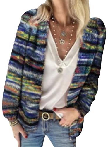 Onsoyours Strickjacken Damen Regenbogen Pullover Cardigan Casual Strickpullover Casual Open Front Sweater Outwear Langarm Oberteil Strickcardigan Kurze Lose Knopf Strickmantel A Blau L von Onsoyours