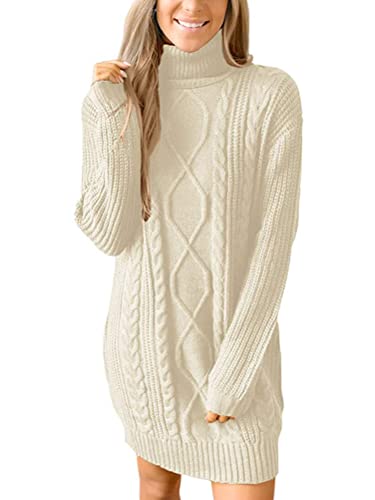 Onsoyours Strickkleid Damen Elegant Einfarbig Langarm Rollkragen Pullover Strick Pulli Winter Strickpullover Minikleid Rollkragenpullover mit Taschen Pullover für Herbst Winter B Beige M von Onsoyours