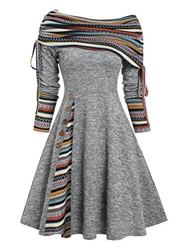 Onsoyours Strickkleid Damen Elegant Langarm Festlich Kleider Knielang Warme Schulterfreies Sweater Pulli Herbstkleid A-Linie Tunika Retro Freizeitkleid Cocktailkleid Ethno Stil A Grau M von Onsoyours