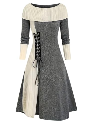 Onsoyours Strickkleid Damen Elegant Langarm Festlich Kleider Warme Tunika Freizeitkleid Neck Cinched Streifen Flare A-Linie Party Kleider Herbstkleid Abendkleider Ethno Stil 01 Grau XXL von Onsoyours