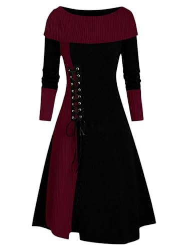 Onsoyours Strickkleid Damen Elegant Langarm Festlich Kleider Warme Tunika Freizeitkleid Neck Cinched Streifen Flare A-Linie Party Kleider Herbstkleid Abendkleider Ethno Stil 01 Weinrot L von Onsoyours