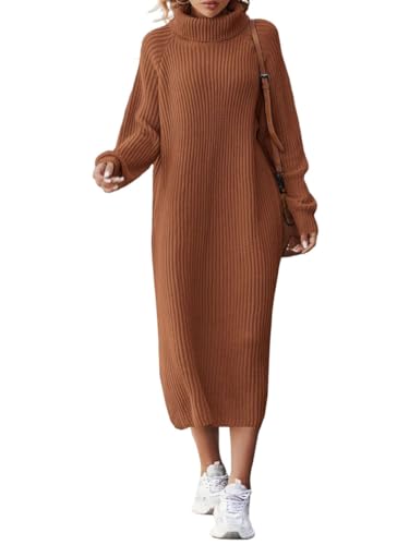 Onsoyours Strickkleid Damen Herbst Langarm Rollkragen Pulloverkleid Elegant Einfarbige Freizeitkleid Casual Midikleid A Braun 3XL von Onsoyours