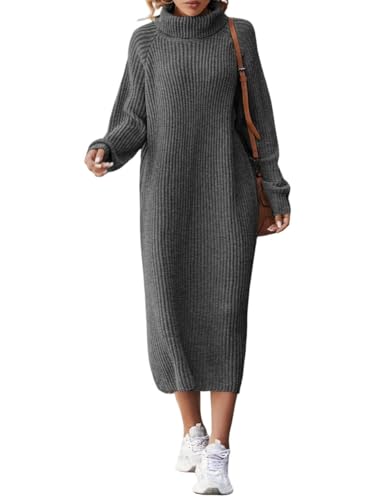 Onsoyours Strickkleid Damen Herbst Langarm Rollkragen Pulloverkleid Elegant Einfarbige Freizeitkleid Casual Midikleid A Dunkelgrau M von Onsoyours