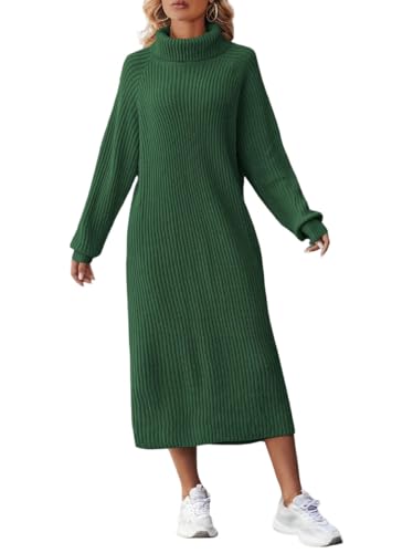 Onsoyours Strickkleid Damen Herbst Langarm Rollkragen Pulloverkleid Elegant Einfarbige Freizeitkleid Casual Midikleid A Grün S von Onsoyours