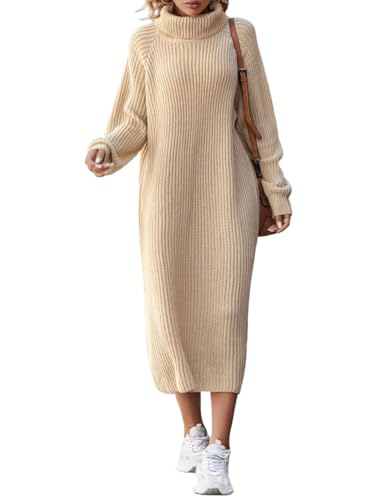 Onsoyours Strickkleid Damen Herbst Langarm Rollkragen Pulloverkleid Elegant Einfarbige Freizeitkleid Casual Midikleid A Khaki XXL von Onsoyours