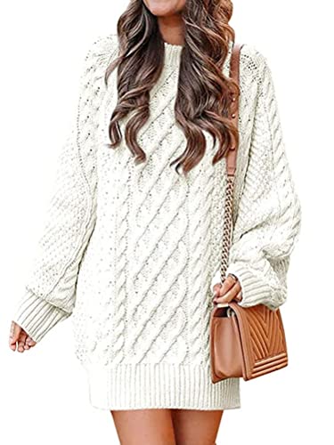 Onsoyours Strickkleid Damen Winter Warme Rollkragen Langarm Minikleid Hohe Elastizität Weich Kleid Zopfmuster Elegante Einfarbige Winterkleid Pulli Pulloverkleid Partykleid A Weiß L von Onsoyours