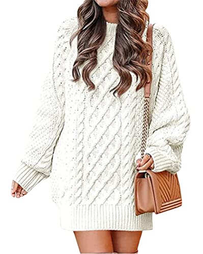 Onsoyours Strickkleider Damen Elegante Einfarbig Langarm Rollkragen Hohe Elastizität Weich Warme Strickpullover Kleider Zopfmuster Winterkleid Pulli Minikleid Pulloverkleid A Weiß XL von Onsoyours