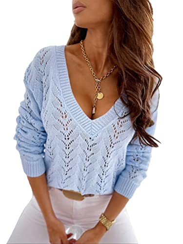 Onsoyours Strickpullover Damen Einfarbig Langarm V Auschnitt Pullover Lose Strick Pulloveroberteil Sweater Pulli Herbst Oberteile Tops Gestrickter Dünner Pullover mit Ausschnitten A Blau 3XL von Onsoyours