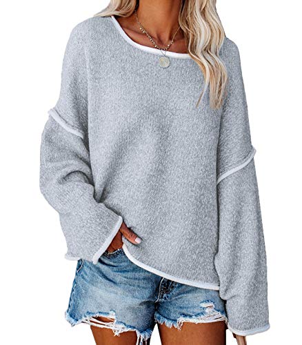 Onsoyours Strickpullover Damen Farbblock Strickpulli Oversize Rundhals Pullover Kurz Pulli Langarm Gestreift Sweater Oberteil Tops für Herbst Winter Grau L von Onsoyours