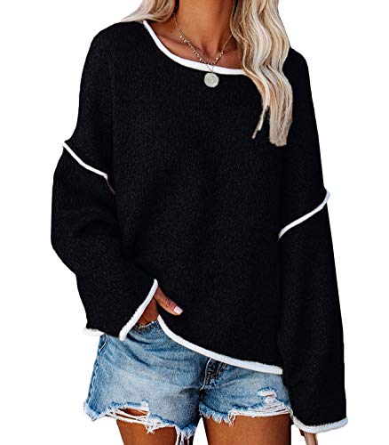 Onsoyours Strickpullover Damen Farbblock Strickpulli Oversize Rundhals Pullover Kurz Pulli Langarm Gestreift Sweater Oberteil Tops für Herbst Winter Schwarz XL von Onsoyours