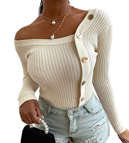 Onsoyours Strickpullover Damen V Ausschnitt Langarm Schulterfrei Jumper Schulterfrei Langarmshirt Tunika Lockere Pullover Oberteil Tops Hemd Oversize Weiß M von Onsoyours