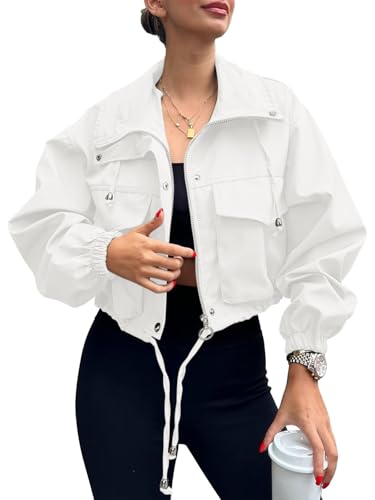 Onsoyours Sweatjacke Damen Kurze Herbst Bomberjacke Leichte Sommerjacke Langarm Reißverschluss Jacke Casual Übergangsjacke A Weiß L von Onsoyours