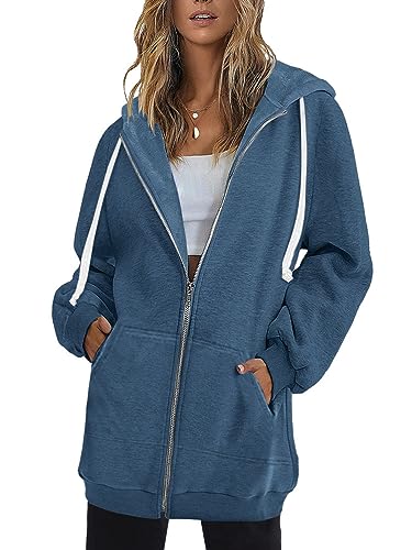 Onsoyours Sweatjacke Damen Mit Kapuze Damen Herbst Winter Reißverschluss Elegante Hoodies Sweatshirt Langen Mantel Jacke Tops Outwear Hoodie Outwear Kapuzenpullover A Blau 3XL von Onsoyours