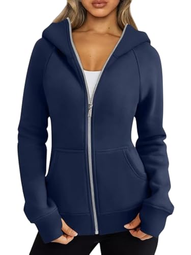 Onsoyours Sweatjacke Damen Mit Kapuze Herbst Winter Lang Hoodie Langarm Reißverschluss Sweatshirt Kapuzenpullover A Marine S von Onsoyours