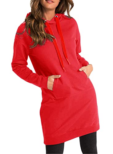 Onsoyours Sweatkleid mit Kapuze Damen Kapuzenpullover Pullover Hoodie Lange Tops Langarm Sweatshirt Casual Täglich Herbst Pulli Kleider Sweatjacke Jumper Rot M von Onsoyours