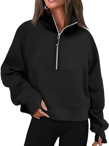 Onsoyours Sweatshirt Damen Basic Reißverschluss Stehkragen Pullover Loose Einfarbig Fleece Oberteile für Herbst Winter A Schwarz M von Onsoyours