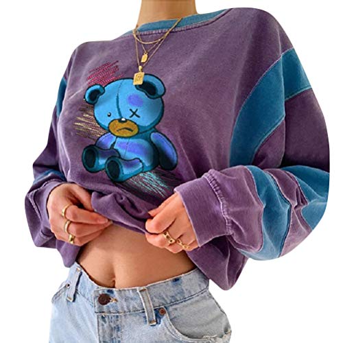 Onsoyours Sweatshirts Damen Lange Ärmel Pullover Winter Mit Rundhalsausschnitt Vintage Streetwear Oversized Bunter Cartoons Mädchen Sportbekleidung Top E Violett L von Onsoyours