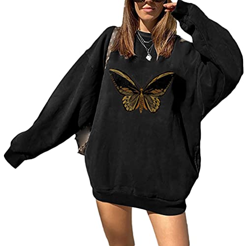 Onsoyours Sweatshirts Damen Lange Ärmel Pullover Winter Rundhalsausschnitt Vintage Streetwear Oversized Bunter Cartoons Mädchen Sportbekleidung Top X Schwarz XL von Onsoyours