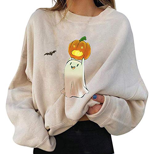 Onsoyours Sweatshirts Halloween Kostüme Party Skew Neck Pumpkin Damen Sweatshirt Jumper Pullover Sweater EIN Schulter Sexy Halloween Schädel Party Tshirt D Beige M von Onsoyours