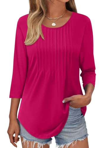 Onsoyours T-Shirt Damen 3/4 Arm Shirt Rundhals Plissiert Tshirt Basic Oberteil Casual Top A Rosenrot XL von Onsoyours