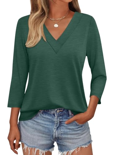 Onsoyours T-Shirt Damen 3/4 Arm Sommer Tshirt V-Ausschnitt Oberteil Casual Basic Shirts A Dunkelgrün S von Onsoyours