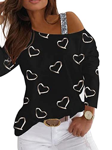 Onsoyours T-Shirt Damen Basic Oberteile Drucken V-Ausschnitt Langarm Hemdbluse Einfarbig Langarmshirt Pullover Casual Lose Bluse Tops Sweatshirt C Schwarz 3XL von Onsoyours