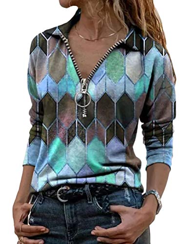 Onsoyours T-Shirt Damen Mode V-Ausschnitt Revers Reißverschluss Tops Elegant Geometrischer Druck Langarm Shirt Slim Fit Bluse Basic Knopfleiste Oberteil Einfarbig Hemd Tunika A Blau M von Onsoyours