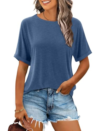 Onsoyours T-Shirt Damen Rundhals Sommer T Shirts Locker Kurzarm Oberteile A Blau XXL von Onsoyours