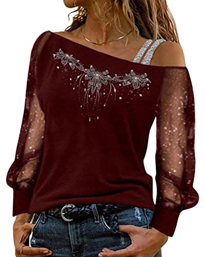 Onsoyours T-Shirt Damen Schulterfrei Oberteile Sexy Glitzer Langarmshirt Sweatshirt Casual Mode Bluse Tops Tunika Elegant Pullover Jumper Herbst Winter Spitze Streetwear B Weinrot M von Onsoyours