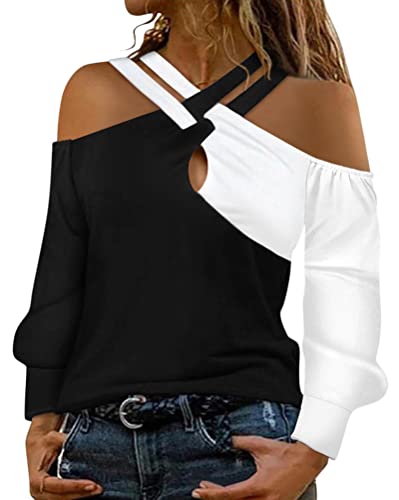 Onsoyours T-Shirt Damen Schulterfrei Oberteile Sexy Glitzer Langarmshirt Sweatshirt Casual Mode Bluse Tops Tunika Elegant Pullover Jumper Herbst Winter Spitze Streetwear F3 Weiß MA von Onsoyours