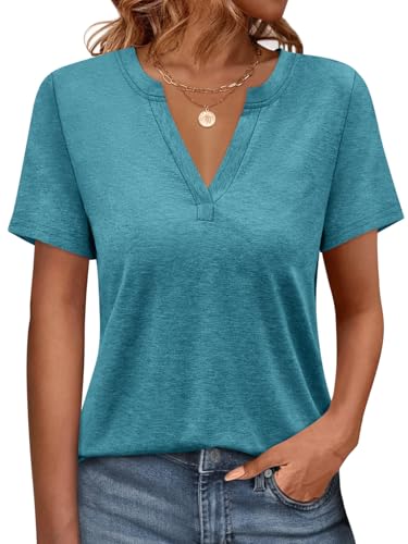 Onsoyours Tshirt Damen V-Ausschnitt Kurzarm T-Shirts Sommer Oberteile Locker Basic Shirt A Türkis M von Onsoyours