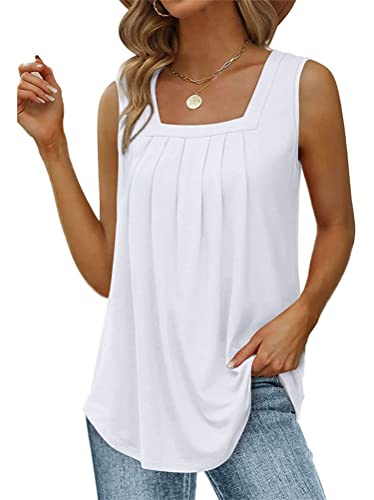 Onsoyours Tank Tops Damen Sexy Sommer Ärmellose T Shirt Square Basic Top Loose Oberteile Tunika Elegant Plissiert Weste Blusentop Hemdbluse Loose fit T Shirt A Weiß S von Onsoyours