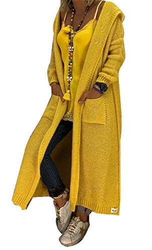 Onsoyours Taschen Kapuzen Langarm Oversize Grobe Cardigan Strickjacke Lang Sweater Damen Mode Lang Mantel (XL, Gelb) von Onsoyours