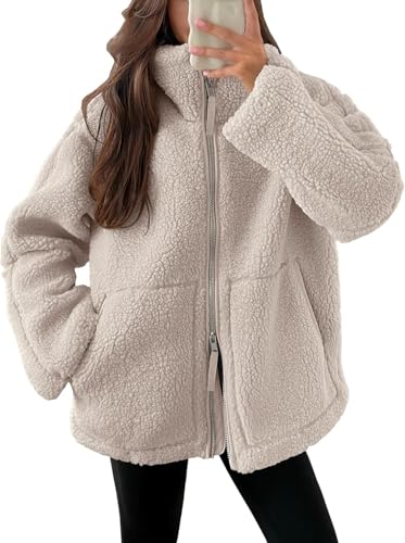 Onsoyours Teddyjacke Damen Teddyfleece Jacke Warme Winterjacke Einfarbig Fleecejacke mit Taschen Reißverschluss Plüschjacke Wintermantel A Beige XXL von Onsoyours