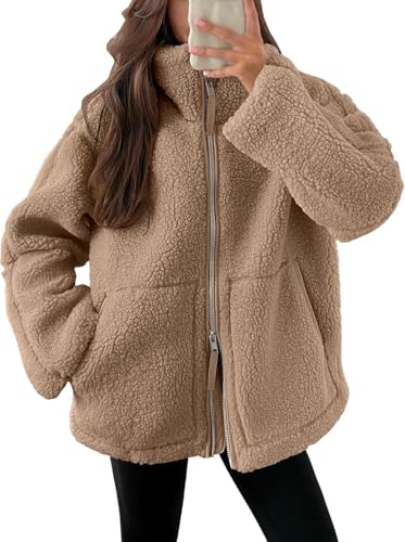 Onsoyours Teddyjacke Damen Teddyfleece Jacke Warme Winterjacke Einfarbig Fleecejacke mit Taschen Reißverschluss Plüschjacke Wintermantel A Braun L von Onsoyours