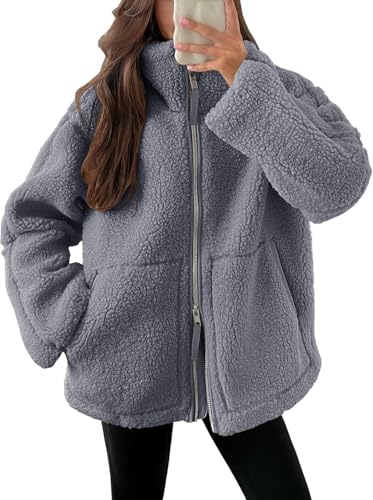 Onsoyours Teddyjacke Damen Teddyfleece Jacke Warme Winterjacke Einfarbig Fleecejacke mit Taschen Reißverschluss Plüschjacke Wintermantel A Grau XXL von Onsoyours