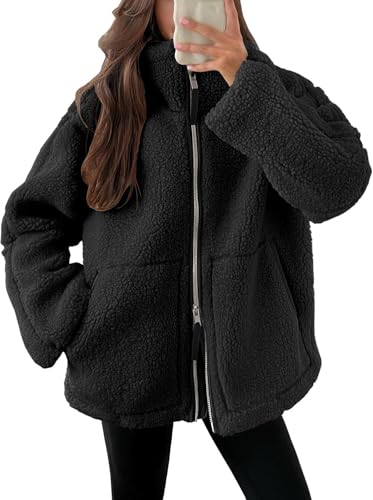 Onsoyours Teddyjacke Damen Teddyfleece Jacke Warme Winterjacke Einfarbig Fleecejacke mit Taschen Reißverschluss Plüschjacke Wintermantel A Schwarz XXL von Onsoyours