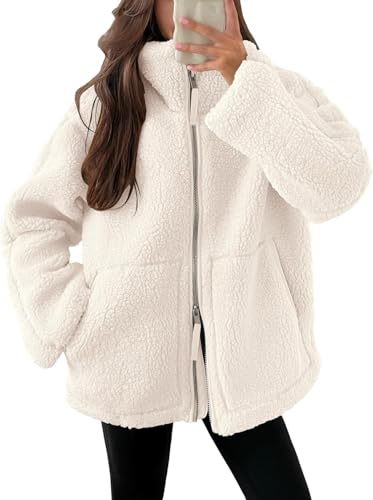 Onsoyours Teddyjacke Damen Teddyfleece Jacke Warme Winterjacke Einfarbig Fleecejacke mit Taschen Reißverschluss Plüschjacke Wintermantel A Weiß M von Onsoyours