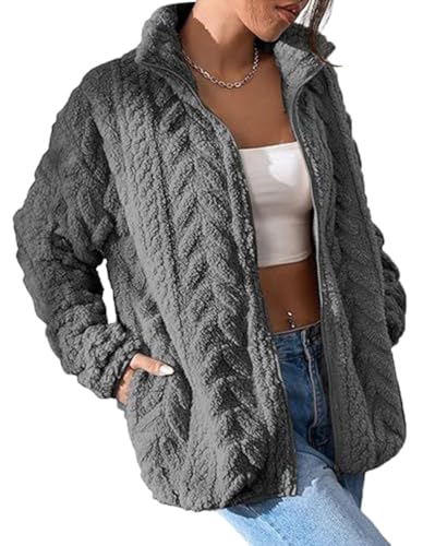 Onsoyours Teddyjacke Damen Winter Teddyfleece Jacke Winterjacke Thermal Teddy Wintermantel Einfarbig Revers Fleecejacke Flauschig Plüschjacke Freizeit Outdoor Fleecemantel A Grau XL von Onsoyours