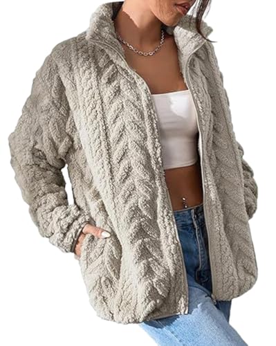 Onsoyours Teddyjacke Damen Winter Teddyfleece Jacke Winterjacke Thermal Teddy Wintermantel Einfarbig Revers Fleecejacke Flauschig Plüschjacke Freizeit Outdoor Fleecemantel A Khaki M von Onsoyours