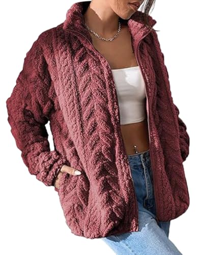 Onsoyours Teddyjacke Damen Winter Teddyfleece Jacke Winterjacke Thermal Teddy Wintermantel Einfarbig Revers Fleecejacke Flauschig Plüschjacke Freizeit Outdoor Fleecemantel A Weinrot XS von Onsoyours