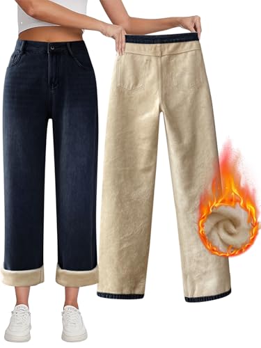 Onsoyours Thermo Jeans Damen High Waist Straight Leg Baggy Jeans Winter Fleece Gefütterte Thermohose Denim Weites Bein Thermojeans A Dunkelblau L von Onsoyours