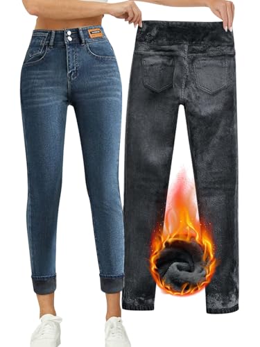 Onsoyours Thermo Jeans Damen Jeggings Stretch High Waist Skinny Jeans Winter Fleece Gefütterte Denim Thermohose Dicke Thermojeans A Dunkelblau L von Onsoyours